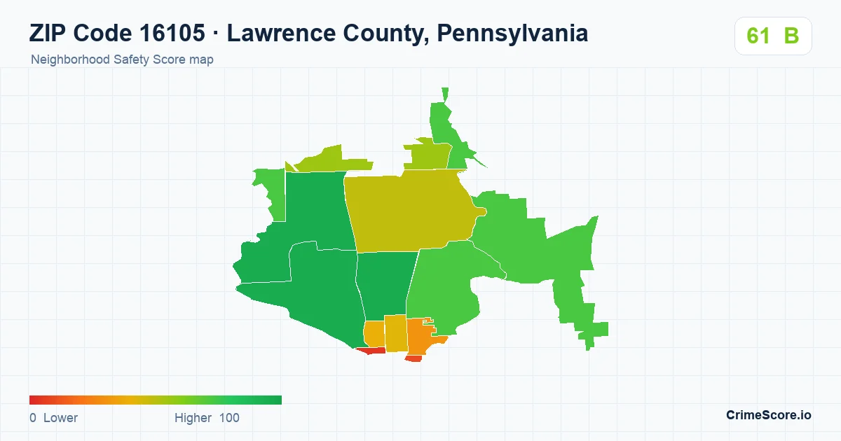 ZIP Code 16105 in Lawrence County, Pennsylvania neighborhood Safety Score map