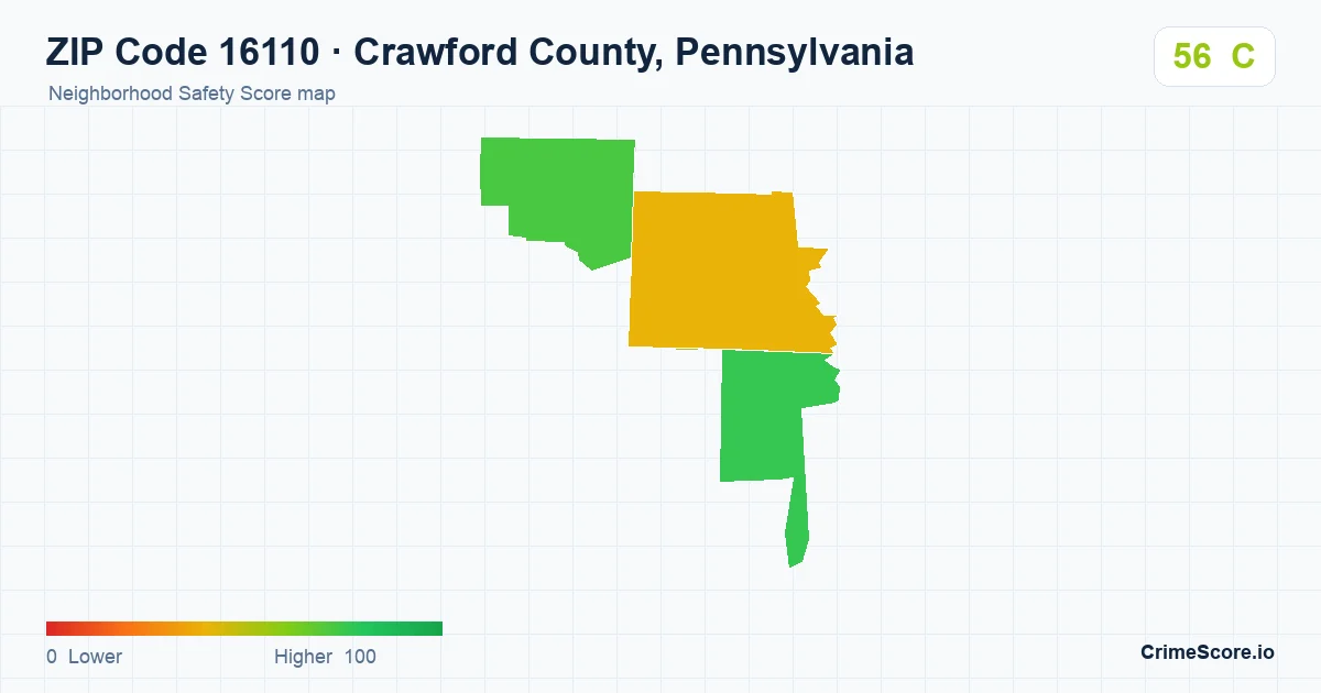 ZIP Code 16110 in Crawford County, Pennsylvania neighborhood Safety Score map