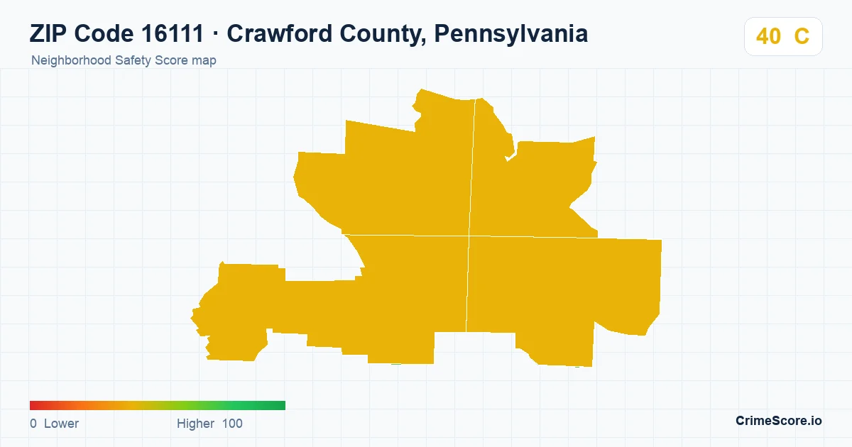 ZIP Code 16111 in Crawford County, Pennsylvania neighborhood Safety Score map