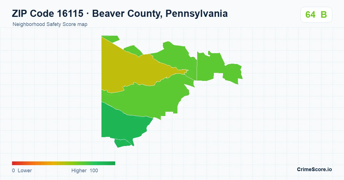 ZIP Code 16115 in Beaver County, Pennsylvania neighborhood Safety Score map