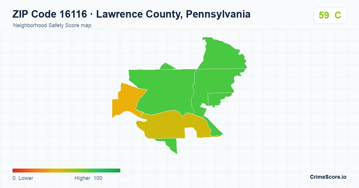 ZIP Code 16116 in Lawrence County, Pennsylvania neighborhood Safety Score map