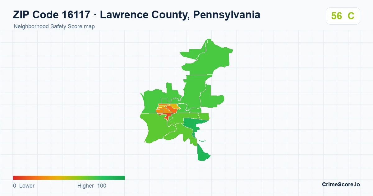 ZIP Code 16117 in Lawrence County, Pennsylvania neighborhood Safety Score map
