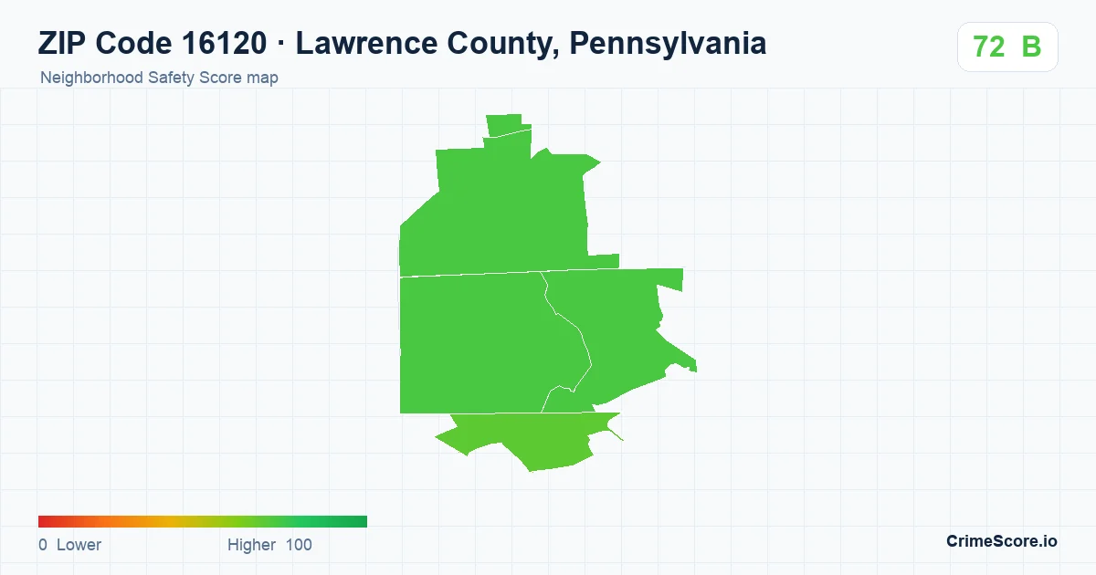 ZIP Code 16120 in Lawrence County, Pennsylvania neighborhood Safety Score map