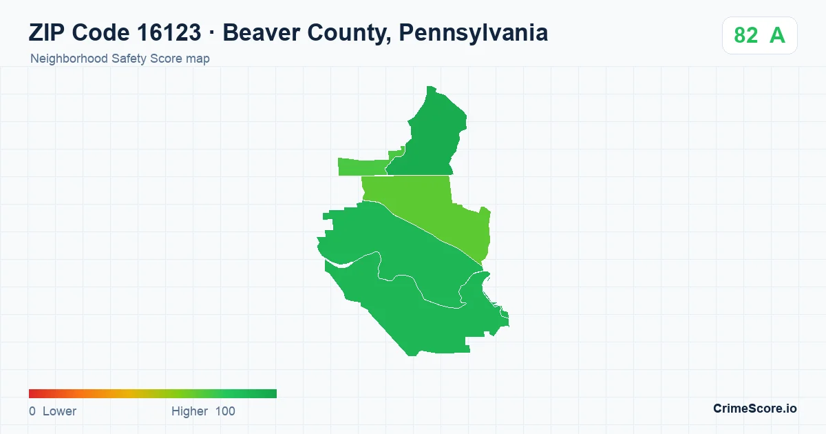 ZIP Code 16123 in Beaver County, Pennsylvania neighborhood Safety Score map