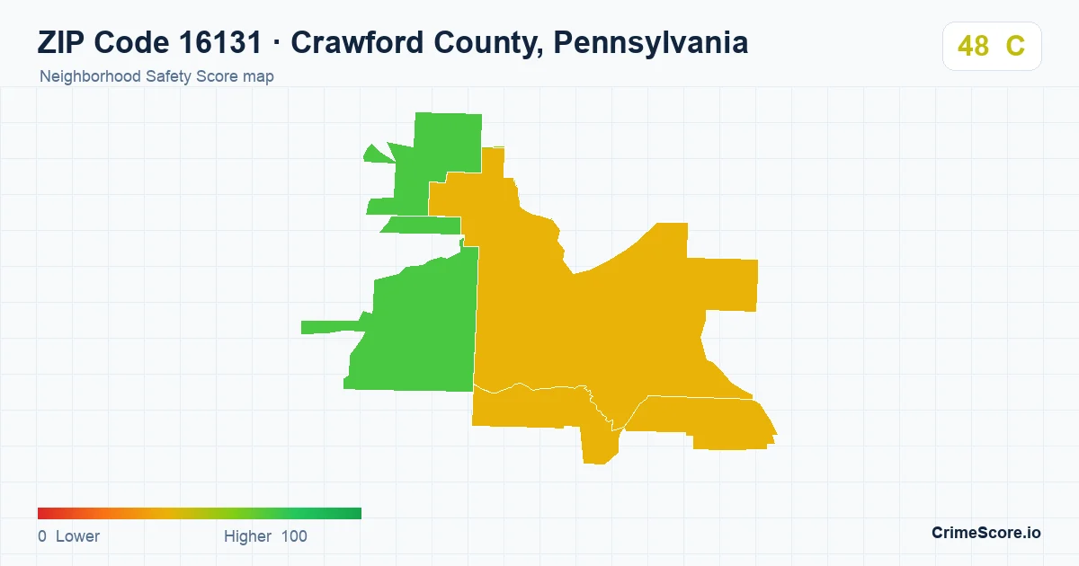ZIP Code 16131 in Crawford County, Pennsylvania neighborhood Safety Score map