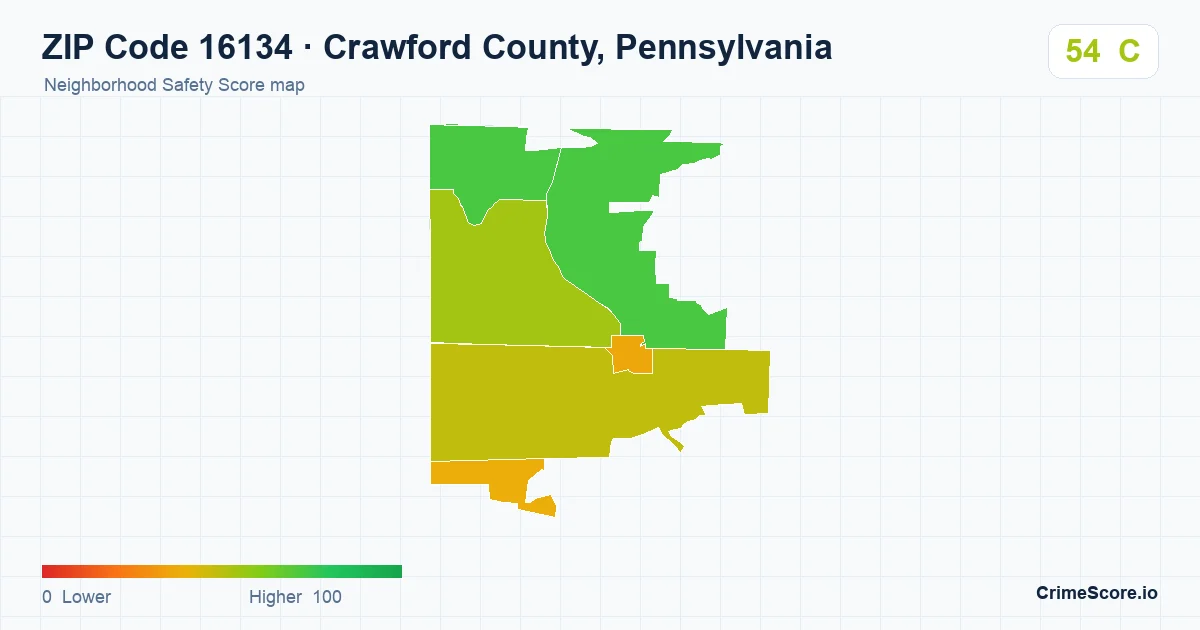 ZIP Code 16134 in Crawford County, Pennsylvania neighborhood Safety Score map