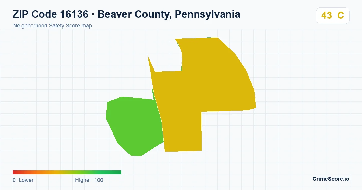 ZIP Code 16136 in Beaver County, Pennsylvania neighborhood Safety Score map