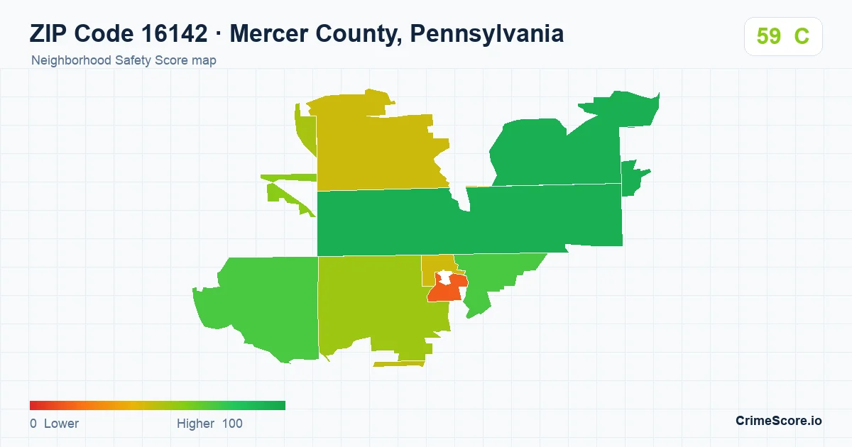 ZIP Code 16142 in Mercer County, Pennsylvania neighborhood Safety Score map