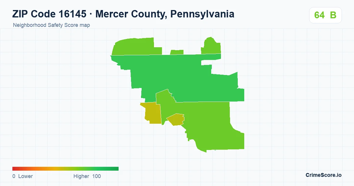 ZIP Code 16145 in Mercer County, Pennsylvania neighborhood Safety Score map