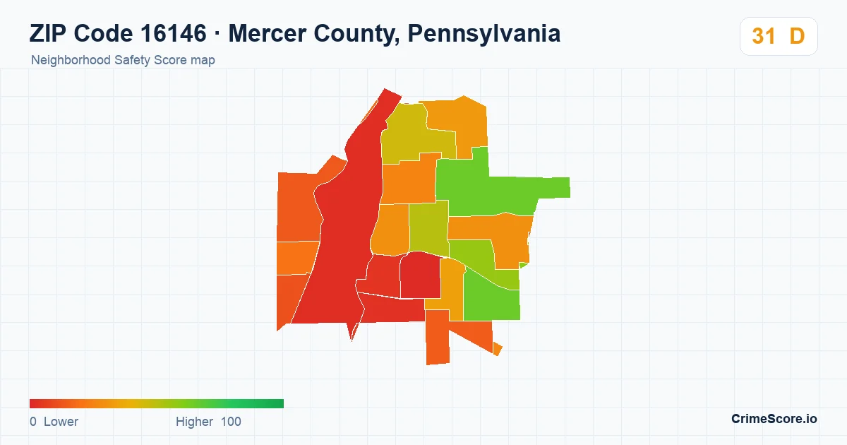 ZIP Code 16146 in Mercer County, Pennsylvania neighborhood Safety Score map