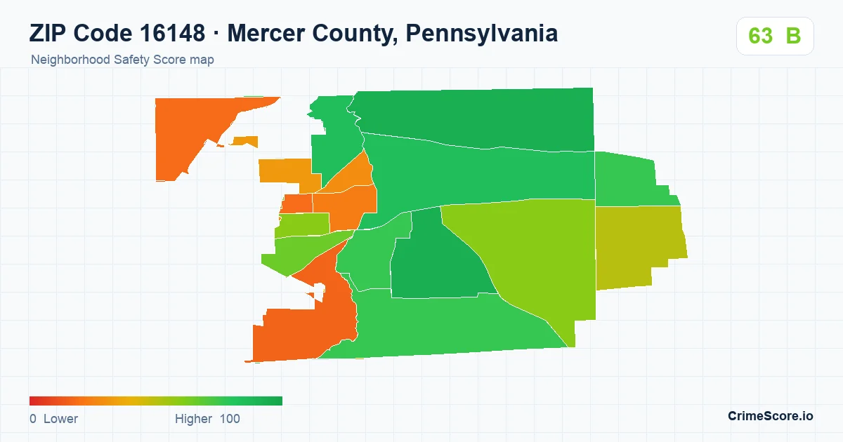 ZIP Code 16148 in Mercer County, Pennsylvania neighborhood Safety Score map