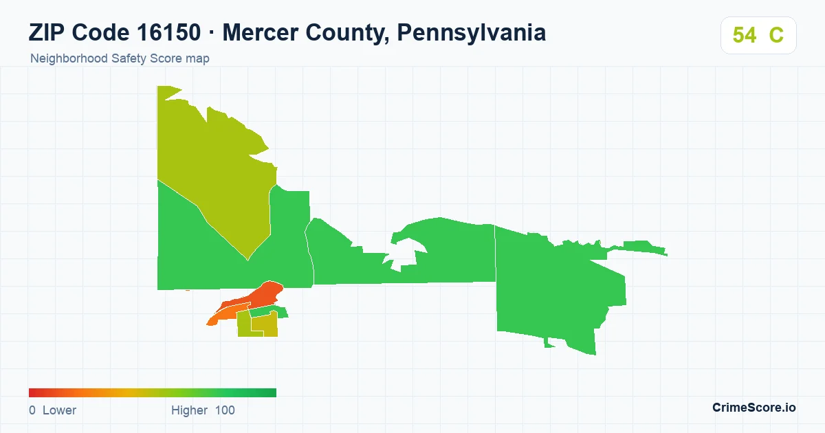 ZIP Code 16150 in Mercer County, Pennsylvania neighborhood Safety Score map