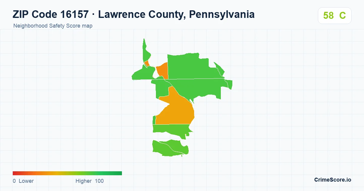 ZIP Code 16157 in Lawrence County, Pennsylvania neighborhood Safety Score map