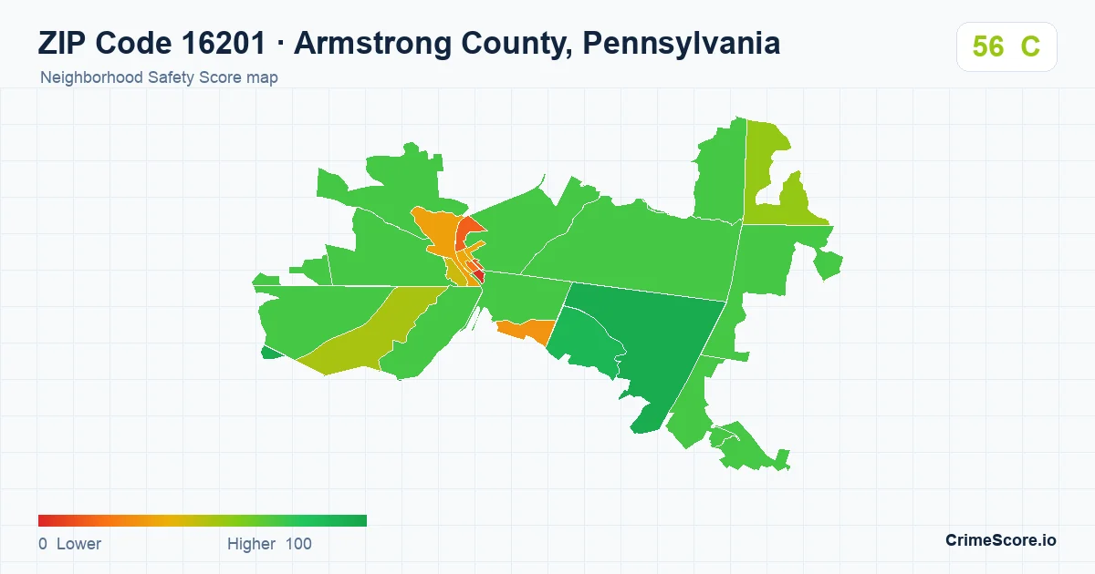 ZIP Code 16201 in Armstrong County, Pennsylvania neighborhood Safety Score map