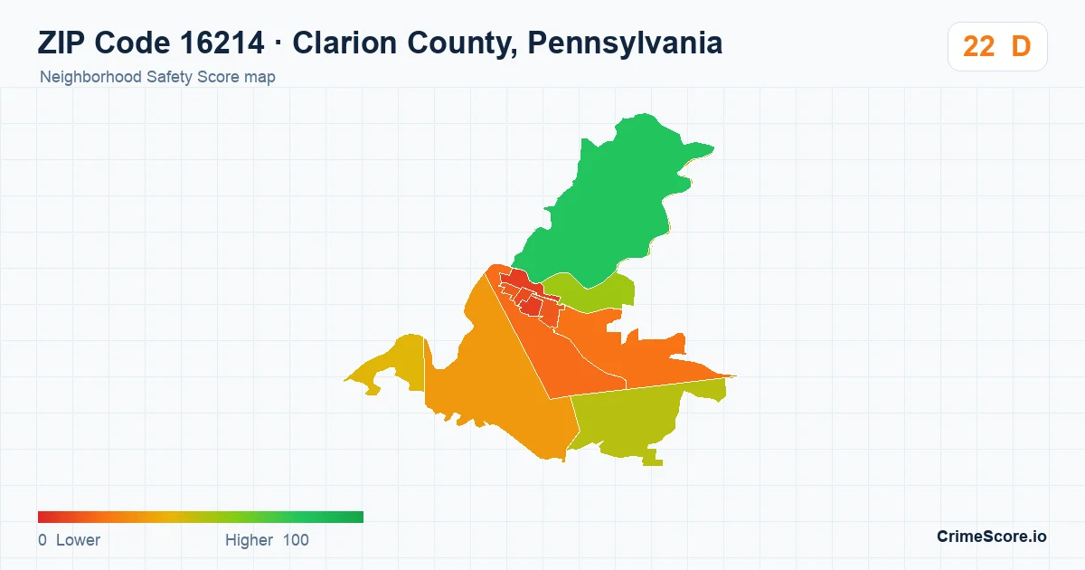 ZIP Code 16214 in Clarion County, Pennsylvania neighborhood Safety Score map