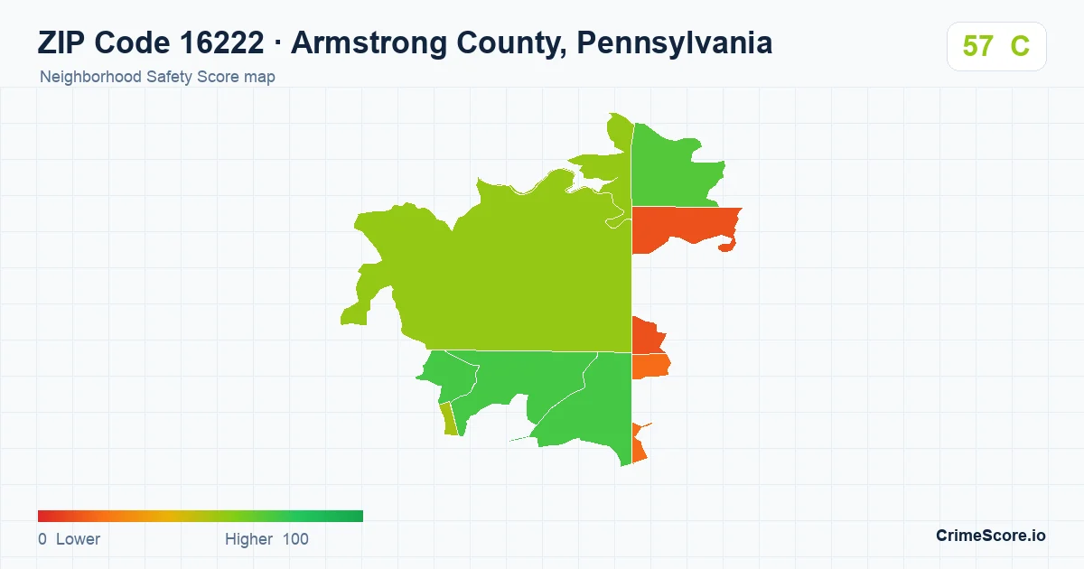 ZIP Code 16222 in Armstrong County, Pennsylvania neighborhood Safety Score map