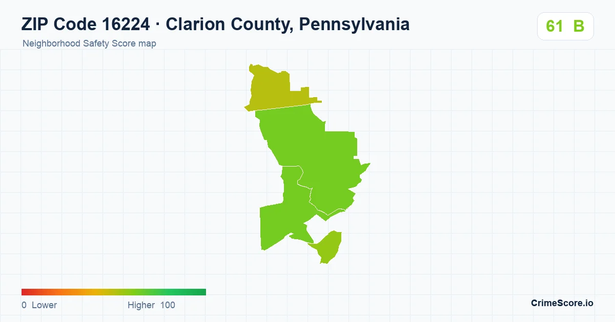 ZIP Code 16224 in Clarion County, Pennsylvania neighborhood Safety Score map