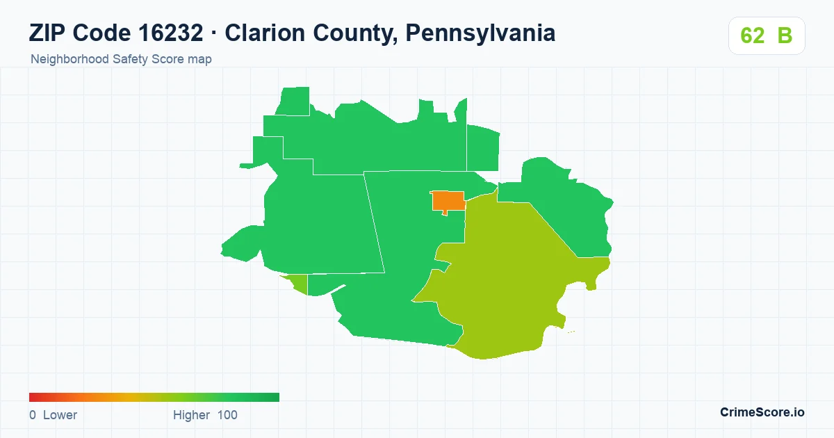ZIP Code 16232 in Clarion County, Pennsylvania neighborhood Safety Score map