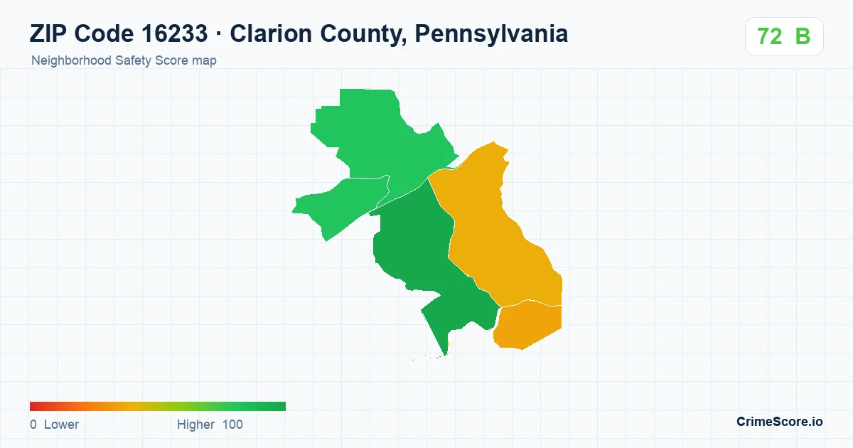 ZIP Code 16233 in Clarion County, Pennsylvania neighborhood Safety Score map
