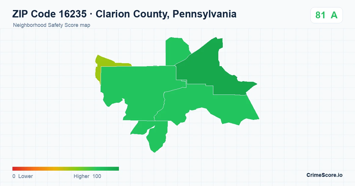 ZIP Code 16235 in Clarion County, Pennsylvania neighborhood Safety Score map