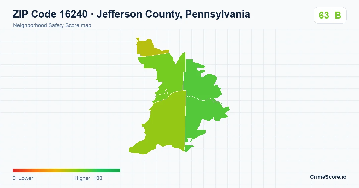 ZIP Code 16240 in Jefferson County, Pennsylvania neighborhood Safety Score map