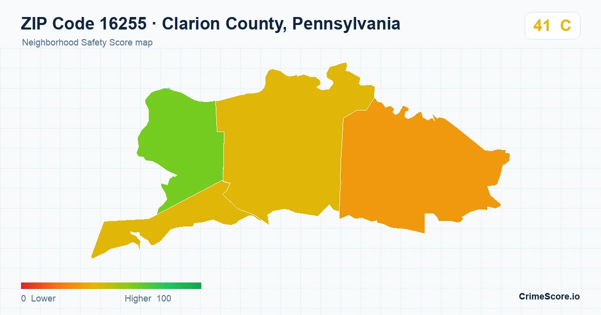 ZIP Code 16255 in Clarion County, Pennsylvania neighborhood Safety Score map