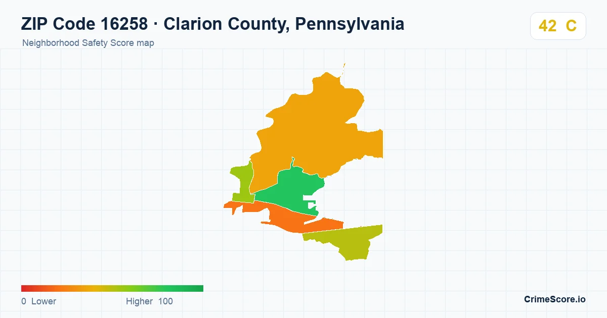 ZIP Code 16258 in Clarion County, Pennsylvania neighborhood Safety Score map