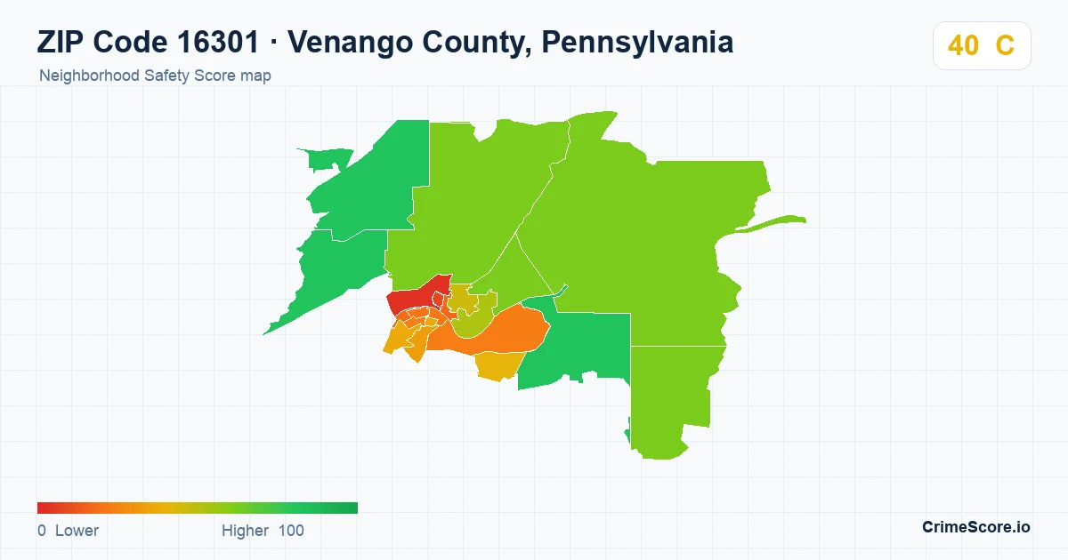 ZIP Code 16301 in Venango County, Pennsylvania neighborhood Safety Score map