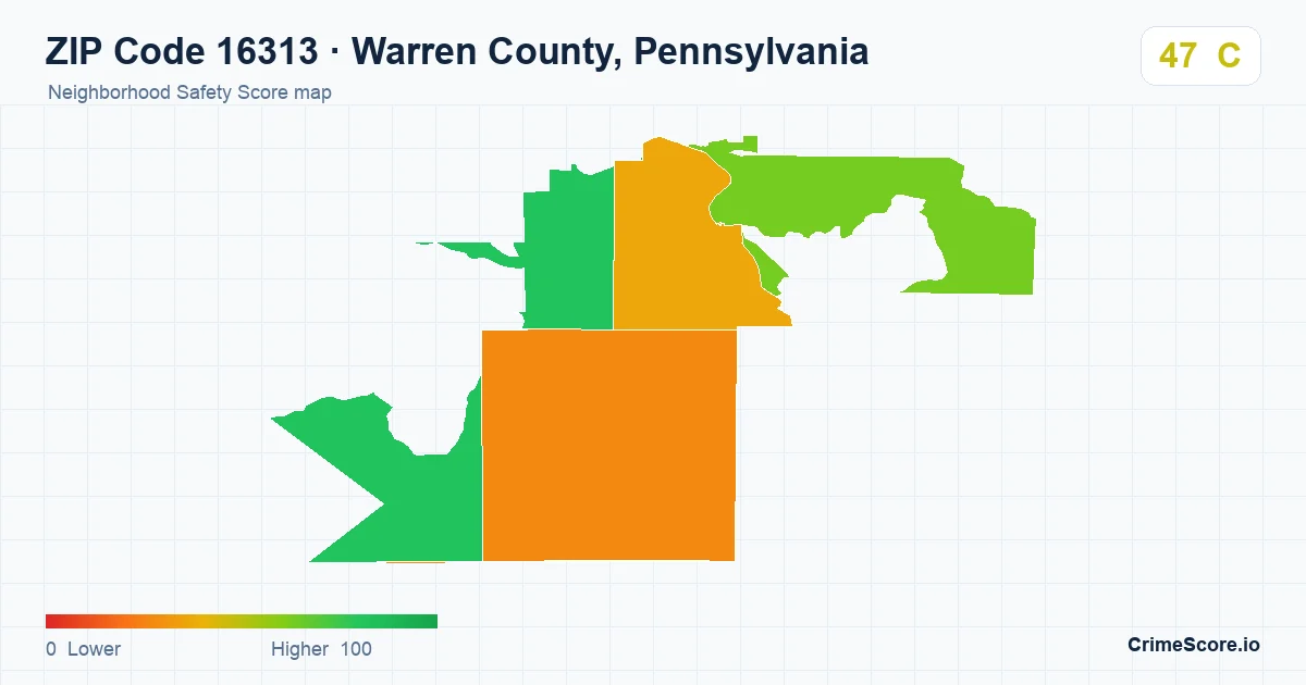 ZIP Code 16313 in Warren County, Pennsylvania neighborhood Safety Score map