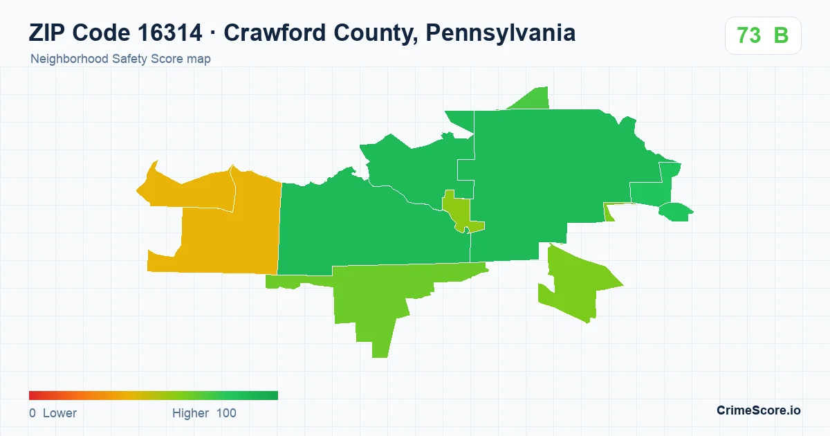 ZIP Code 16314 in Crawford County, Pennsylvania neighborhood Safety Score map