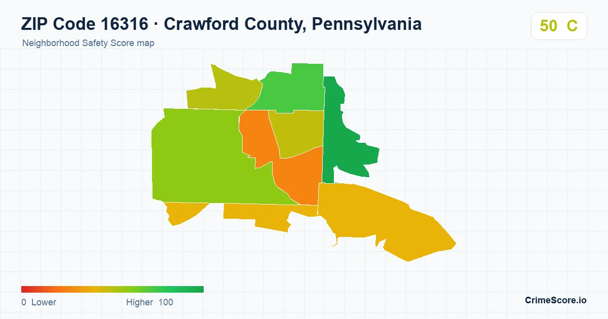 ZIP Code 16316 in Crawford County, Pennsylvania neighborhood Safety Score map