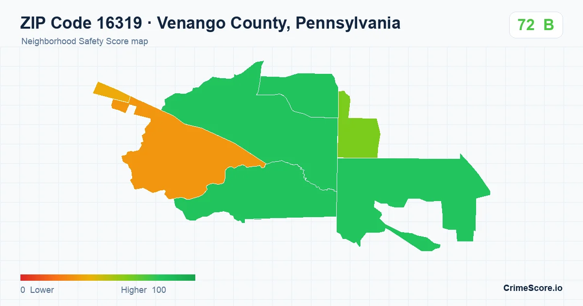 ZIP Code 16319 in Venango County, Pennsylvania neighborhood Safety Score map