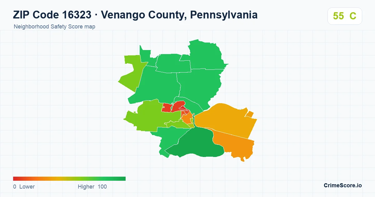 ZIP Code 16323 in Venango County, Pennsylvania neighborhood Safety Score map