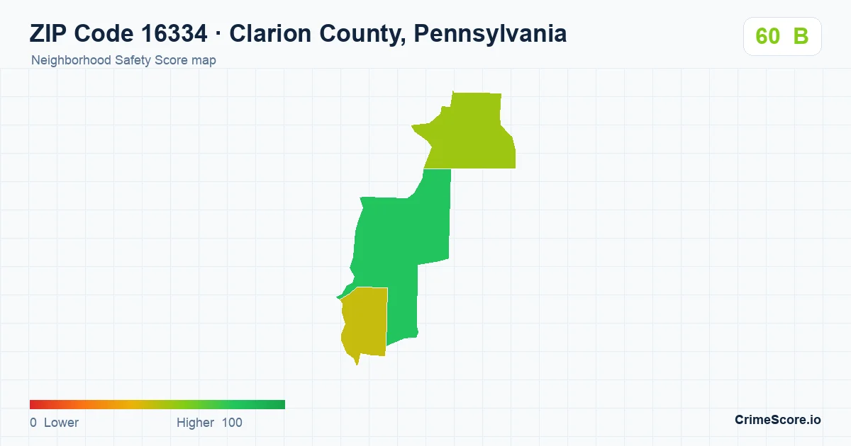 ZIP Code 16334 in Clarion County, Pennsylvania neighborhood Safety Score map