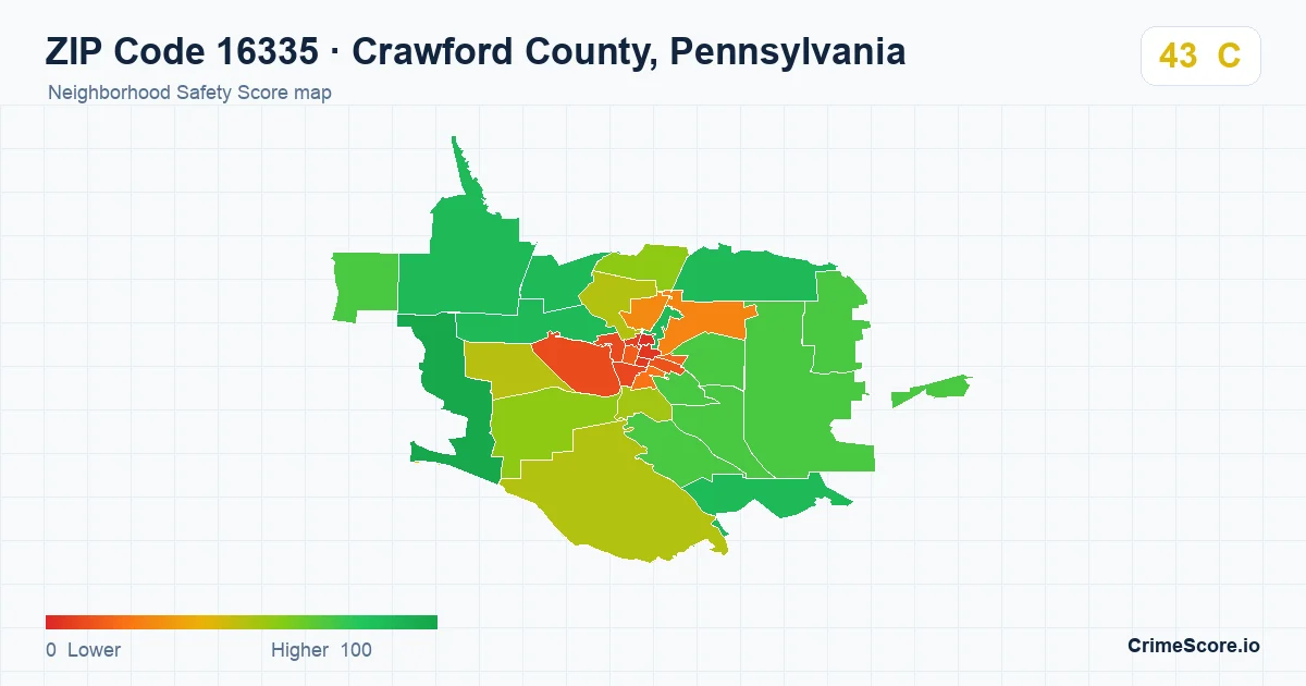 ZIP Code 16335 in Crawford County, Pennsylvania neighborhood Safety Score map