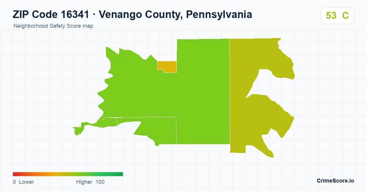 ZIP Code 16341 in Venango County, Pennsylvania neighborhood Safety Score map