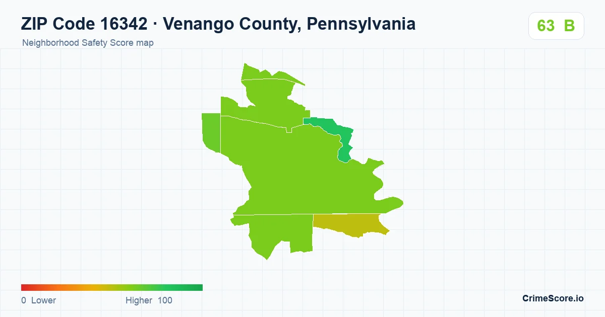 ZIP Code 16342 in Venango County, Pennsylvania neighborhood Safety Score map