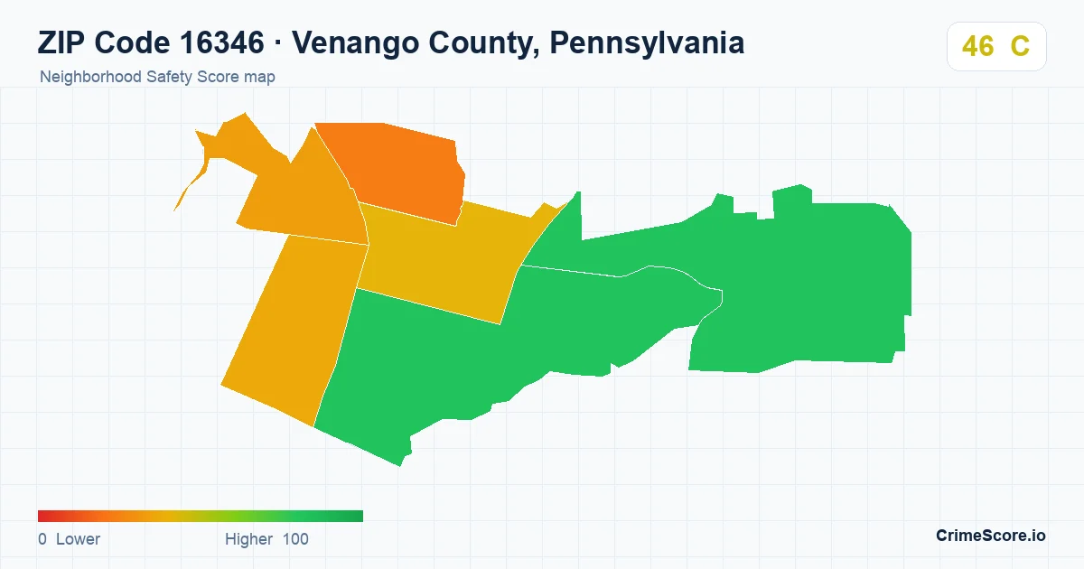 ZIP Code 16346 in Venango County, Pennsylvania neighborhood Safety Score map