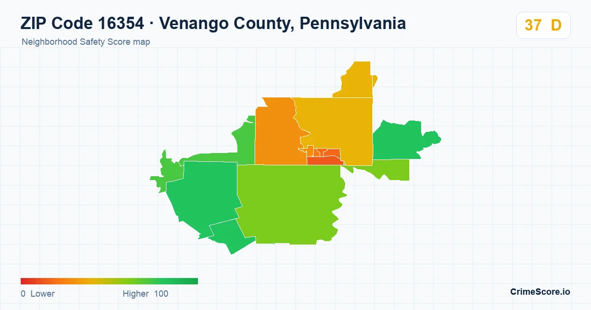 ZIP Code 16354 in Venango County, Pennsylvania neighborhood Safety Score map