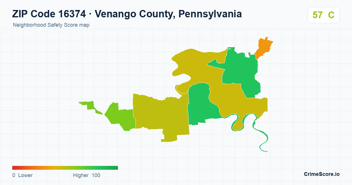 ZIP Code 16374 in Venango County, Pennsylvania neighborhood Safety Score map