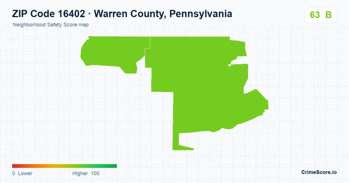 ZIP Code 16402 in Warren County, Pennsylvania neighborhood Safety Score map