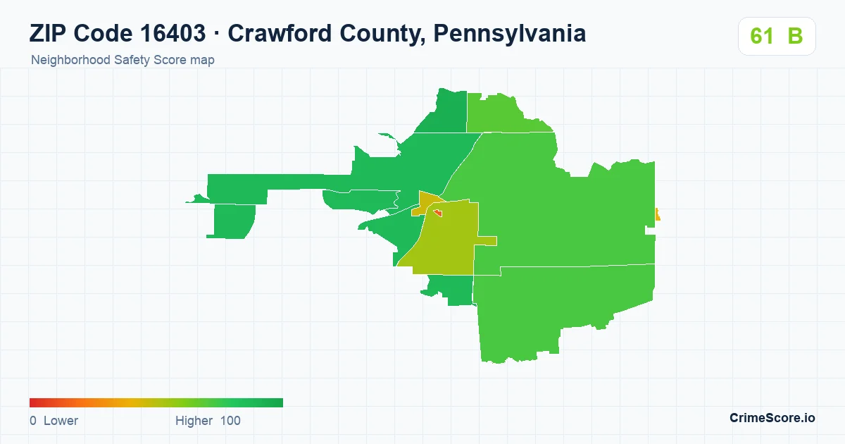 ZIP Code 16403 in Crawford County, Pennsylvania neighborhood Safety Score map