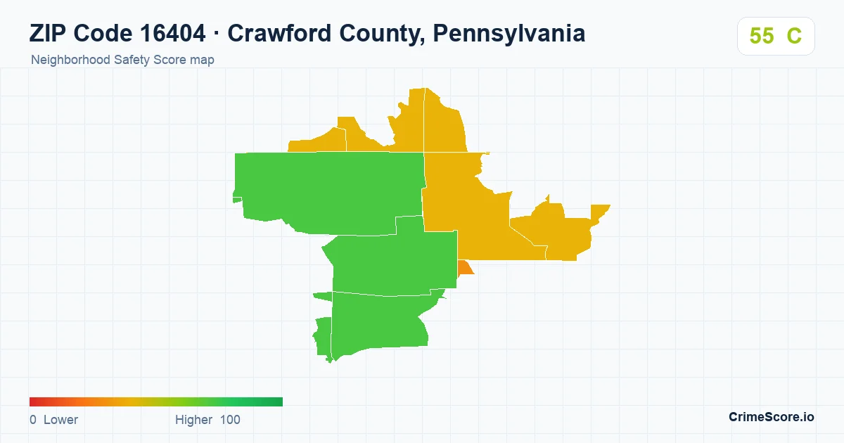 ZIP Code 16404 in Crawford County, Pennsylvania neighborhood Safety Score map
