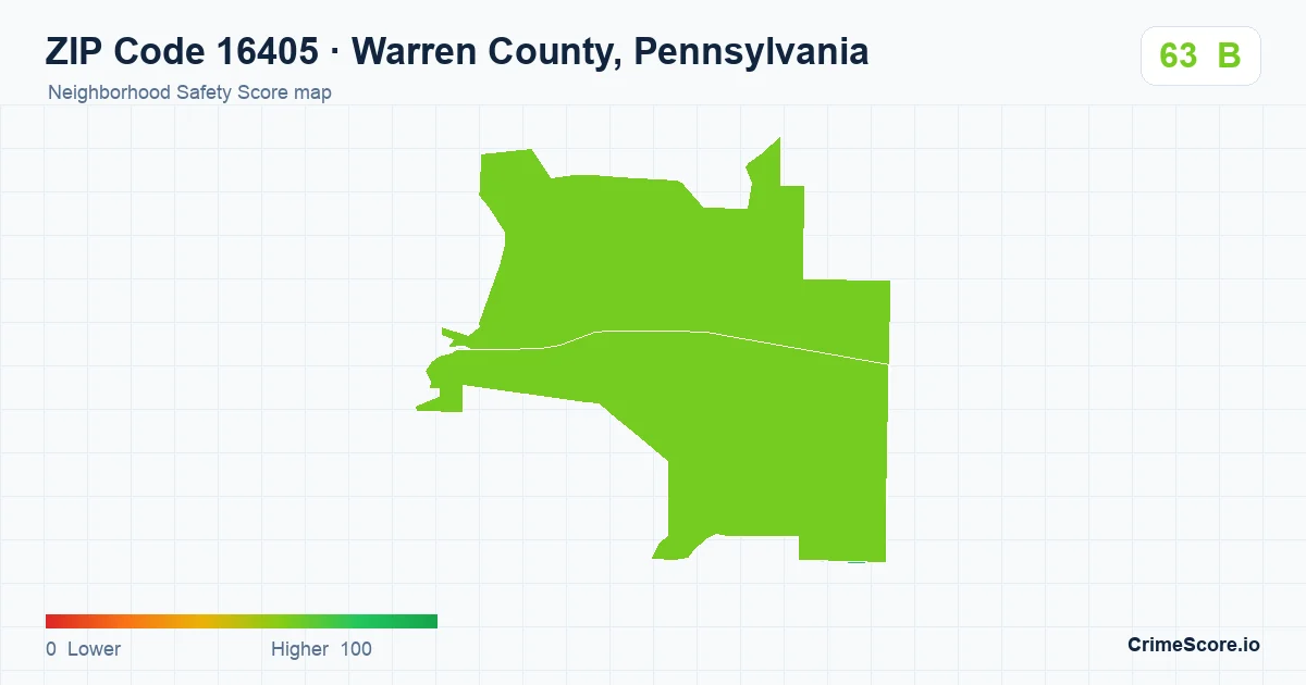 ZIP Code 16405 in Warren County, Pennsylvania neighborhood Safety Score map