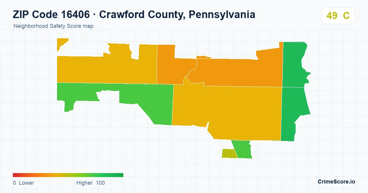 ZIP Code 16406 in Crawford County, Pennsylvania neighborhood Safety Score map