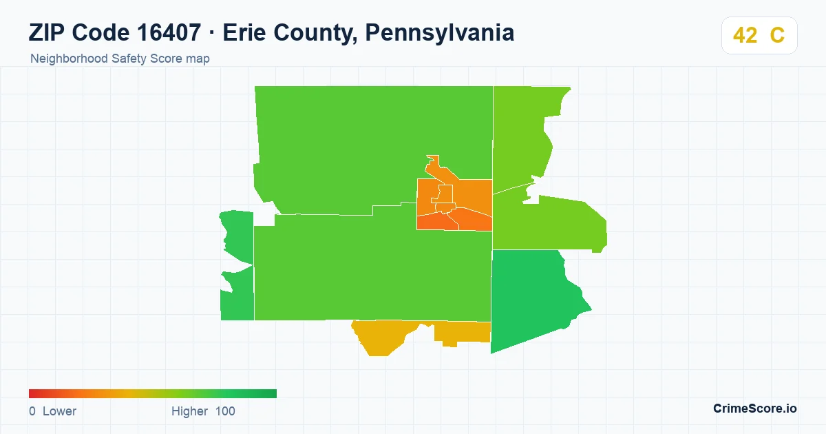 ZIP Code 16407 in Erie County, Pennsylvania neighborhood Safety Score map