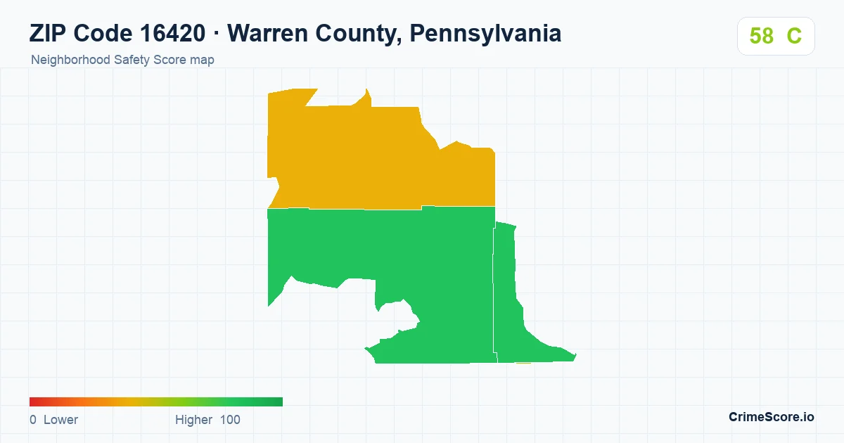 ZIP Code 16420 in Warren County, Pennsylvania neighborhood Safety Score map