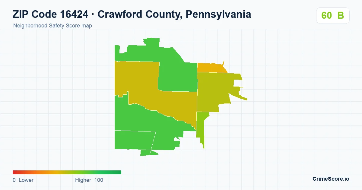 ZIP Code 16424 in Crawford County, Pennsylvania neighborhood Safety Score map