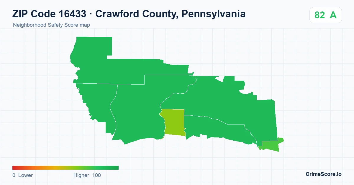 ZIP Code 16433 in Crawford County, Pennsylvania neighborhood Safety Score map