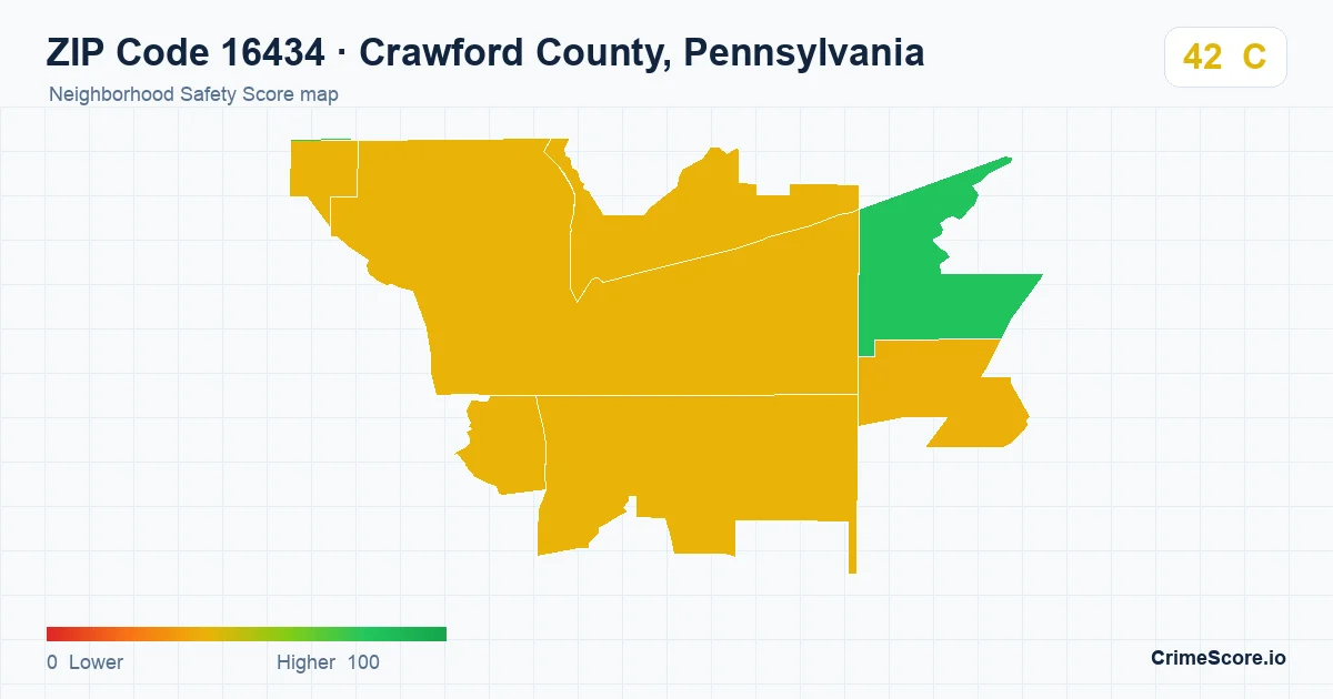 ZIP Code 16434 in Crawford County, Pennsylvania neighborhood Safety Score map